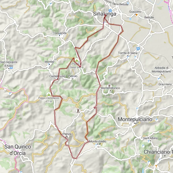 Miniaturní mapa "Gravel cesta skrz vinohrady a kopce" inspirace pro cyklisty v oblasti Toscana, Italy. Vytvořeno pomocí plánovače tras Tarmacs.app