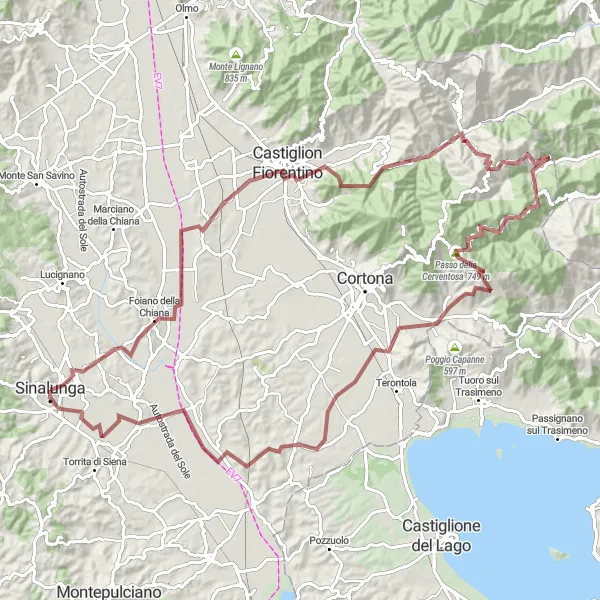 Miniaturní mapa "Gravelový cyklistický okruh kolem Sinalungy" inspirace pro cyklisty v oblasti Toscana, Italy. Vytvořeno pomocí plánovače tras Tarmacs.app