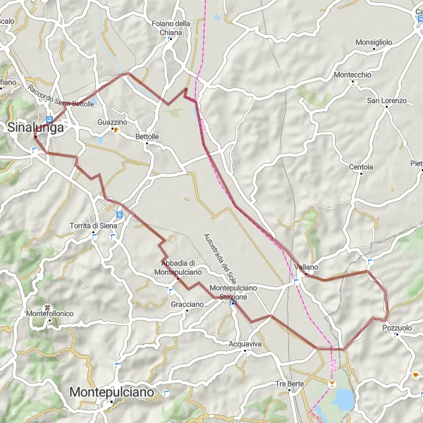 Miniatura della mappa di ispirazione al ciclismo "Esplorando i sentieri di Sinalunga in gravel" nella regione di Toscana, Italy. Generata da Tarmacs.app, pianificatore di rotte ciclistiche