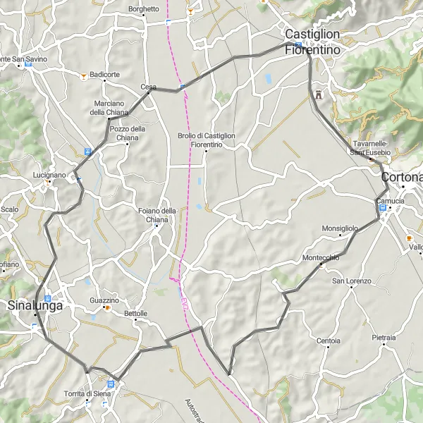 Miniaturní mapa "Road cesta okolo historie a přírodní krásy" inspirace pro cyklisty v oblasti Toscana, Italy. Vytvořeno pomocí plánovače tras Tarmacs.app