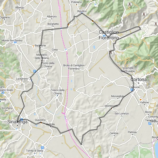 Miniatura della mappa di ispirazione al ciclismo "Giro in bici tra Marciano della Chiana e Sinalunga" nella regione di Toscana, Italy. Generata da Tarmacs.app, pianificatore di rotte ciclistiche