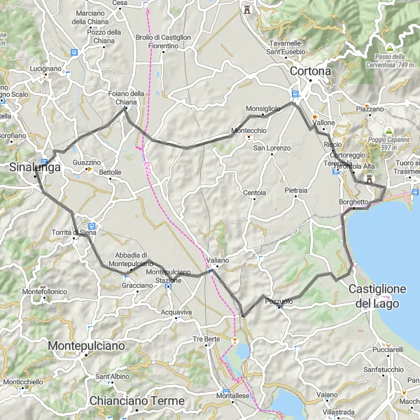 Miniatura della mappa di ispirazione al ciclismo "Giro in bici tra Sinalunga e Torrita di Siena" nella regione di Toscana, Italy. Generata da Tarmacs.app, pianificatore di rotte ciclistiche