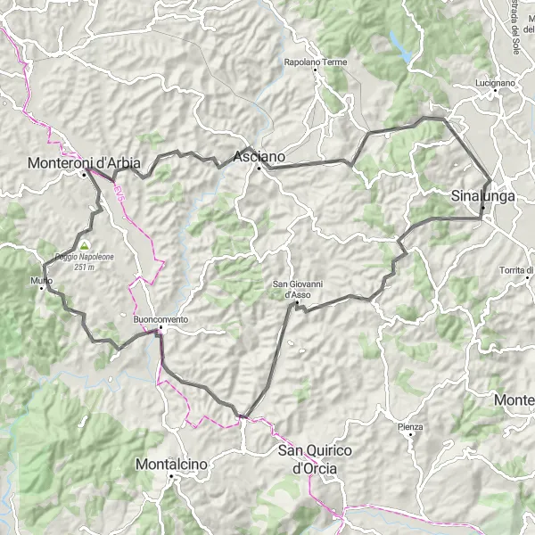 Mapa miniatúra "Výlet na bicykli cez Trequandu a Monteroni d'Arbia" cyklistická inšpirácia v Toscana, Italy. Vygenerované cyklistickým plánovačom trás Tarmacs.app