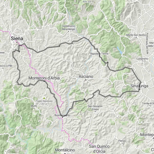 Kartminiatyr av "Kulturelle skatter langs veien fra Sinalunga til Palazzo Pretorio" sykkelinspirasjon i Toscana, Italy. Generert av Tarmacs.app sykkelrutoplanlegger