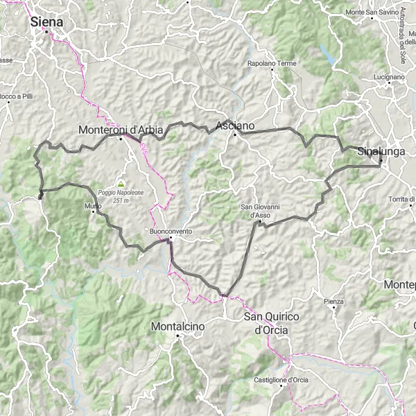Miniaturní mapa "Náročná okružní cesta přes památky Toskánska" inspirace pro cyklisty v oblasti Toscana, Italy. Vytvořeno pomocí plánovače tras Tarmacs.app