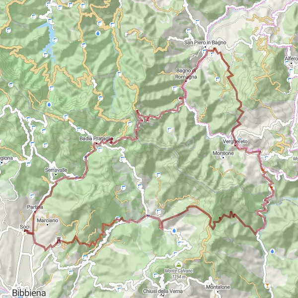 Miniatua del mapa de inspiración ciclista "Ruta de Ciclismo en Grava a través de los Alrededores de Soci" en Toscana, Italy. Generado por Tarmacs.app planificador de rutas ciclistas