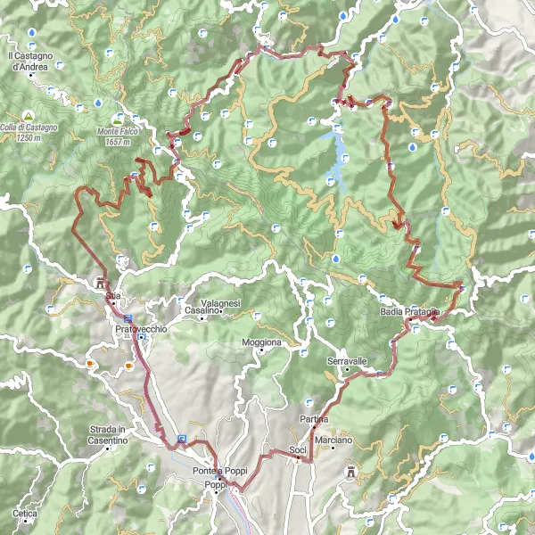 Miniatura della mappa di ispirazione al ciclismo "Tour delle Montagne Casentinesi" nella regione di Toscana, Italy. Generata da Tarmacs.app, pianificatore di rotte ciclistiche