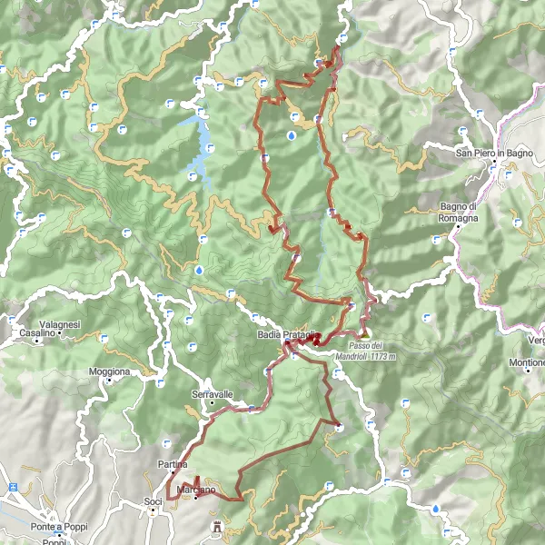 Zemljevid v pomanjšavi "Gravel Okoli Soci" kolesarske inspiracije v Toscana, Italy. Generirano z načrtovalcem kolesarskih poti Tarmacs.app