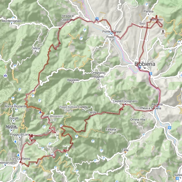 Kartminiatyr av "Äventyr runt Soci" cykelinspiration i Toscana, Italy. Genererad av Tarmacs.app cykelruttplanerare