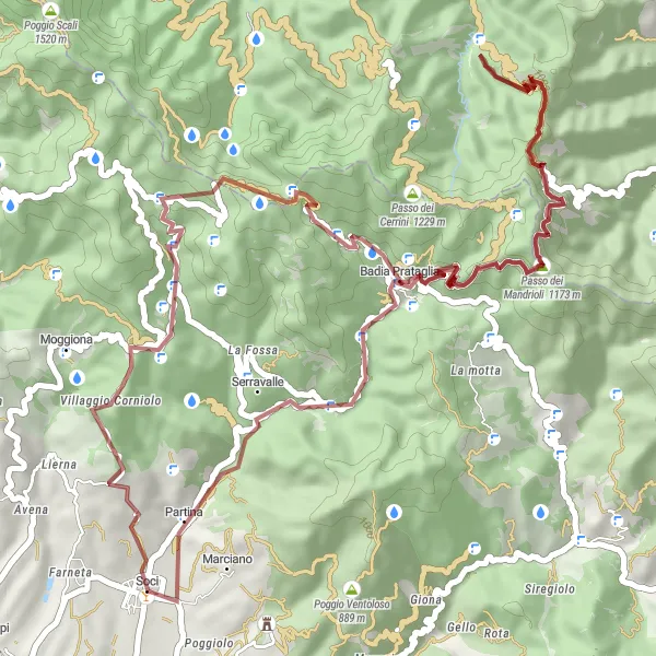 Miniatua del mapa de inspiración ciclista "Ruta de Grava de Soci a Camaldoli" en Toscana, Italy. Generado por Tarmacs.app planificador de rutas ciclistas