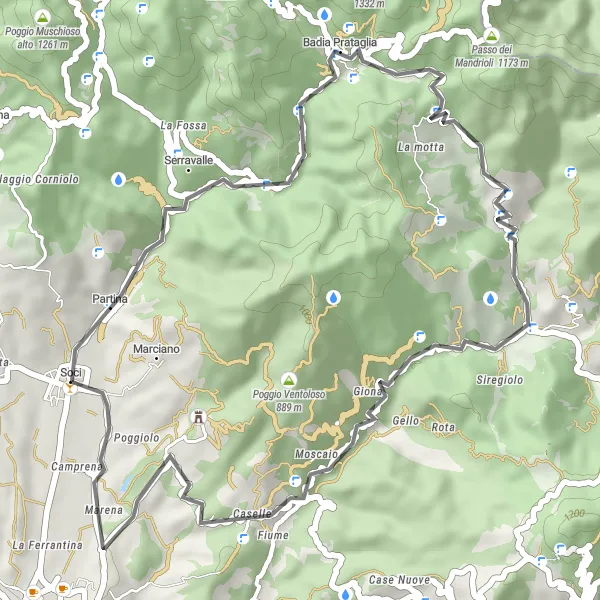 Kartminiatyr av "Soci-Rundtur" sykkelinspirasjon i Toscana, Italy. Generert av Tarmacs.app sykkelrutoplanlegger
