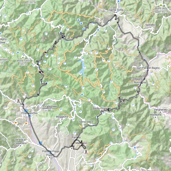 Map miniature of "Passo dei Mandrioli and Monte Belvedere Road Cycling Route" cycling inspiration in Toscana, Italy. Generated by Tarmacs.app cycling route planner