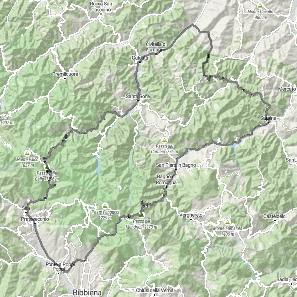 Miniatura della mappa di ispirazione al ciclismo "Soci - Percorso su Strada" nella regione di Toscana, Italy. Generata da Tarmacs.app, pianificatore di rotte ciclistiche