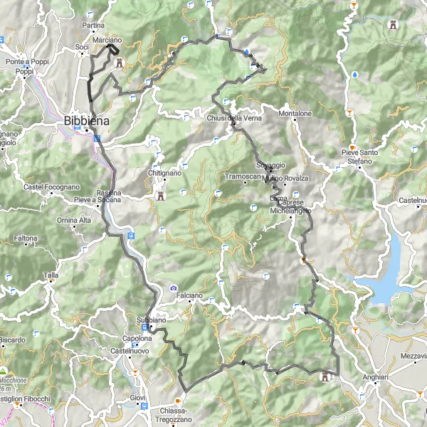 Mapa miniatúra "Cyklotrasa Soci - Poggio di Gello - Monte Penna - Chiusi della Verna - il castellaccio - Castello di Gressa" cyklistická inšpirácia v Toscana, Italy. Vygenerované cyklistickým plánovačom trás Tarmacs.app