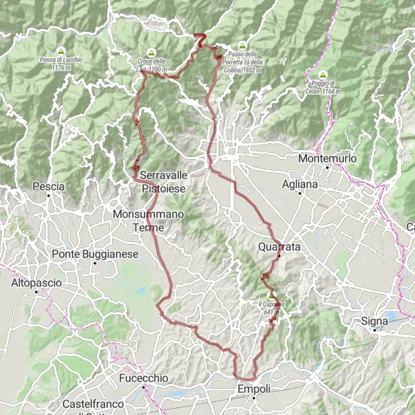 Karttaminiaatyyri "Haastava kierros Spicchio-Sovigliana maanteillä" pyöräilyinspiraatiosta alueella Toscana, Italy. Luotu Tarmacs.app pyöräilyreittisuunnittelijalla