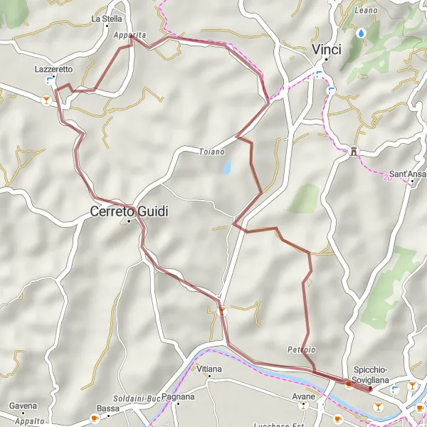 Map miniature of "Among the Hills of Cerreto Guidi" cycling inspiration in Toscana, Italy. Generated by Tarmacs.app cycling route planner