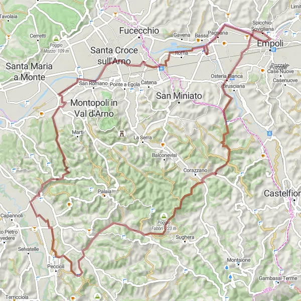 Karttaminiaatyyri "Maalauksellinen Spicchio-Sovigliana kiertävä soratie" pyöräilyinspiraatiosta alueella Toscana, Italy. Luotu Tarmacs.app pyöräilyreittisuunnittelijalla