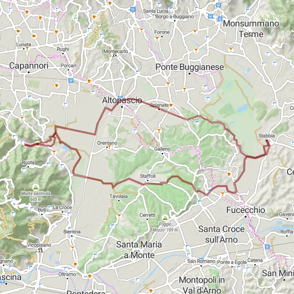 Kartminiatyr av "Toscanas bølgende grusveier" sykkelinspirasjon i Toscana, Italy. Generert av Tarmacs.app sykkelrutoplanlegger