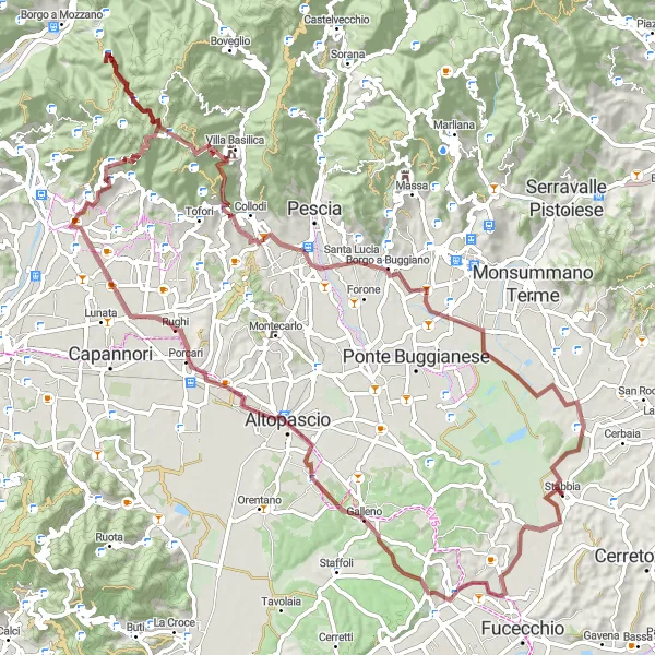 Kartminiatyr av "Utflykt till Castelmartini via Monte Pietra Pertusa" cykelinspiration i Toscana, Italy. Genererad av Tarmacs.app cykelruttplanerare
