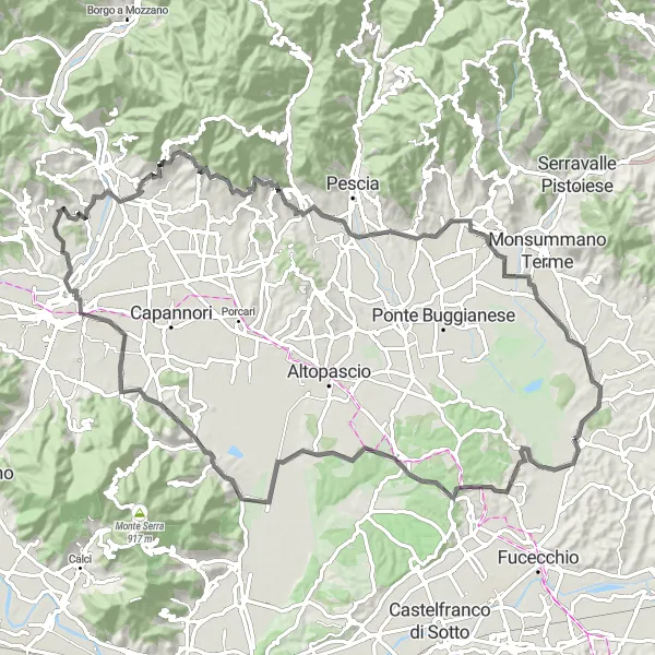 Map miniature of "A Road Cycling Adventure to Belvedere" cycling inspiration in Toscana, Italy. Generated by Tarmacs.app cycling route planner