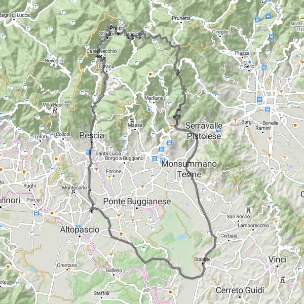 Miniatua del mapa de inspiración ciclista "Ruta de Ciclismo de Carretera cerca de Stabbia" en Toscana, Italy. Generado por Tarmacs.app planificador de rutas ciclistas