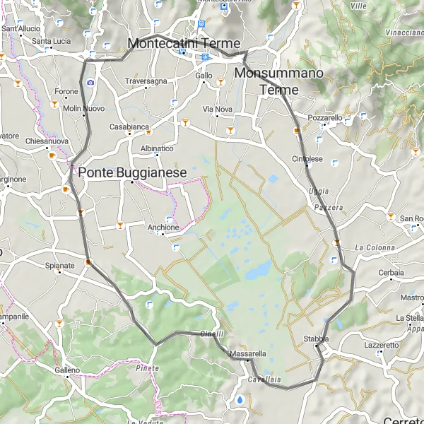 Kartminiatyr av "Kortare cykeltur till Montecatini Terme" cykelinspiration i Toscana, Italy. Genererad av Tarmacs.app cykelruttplanerare