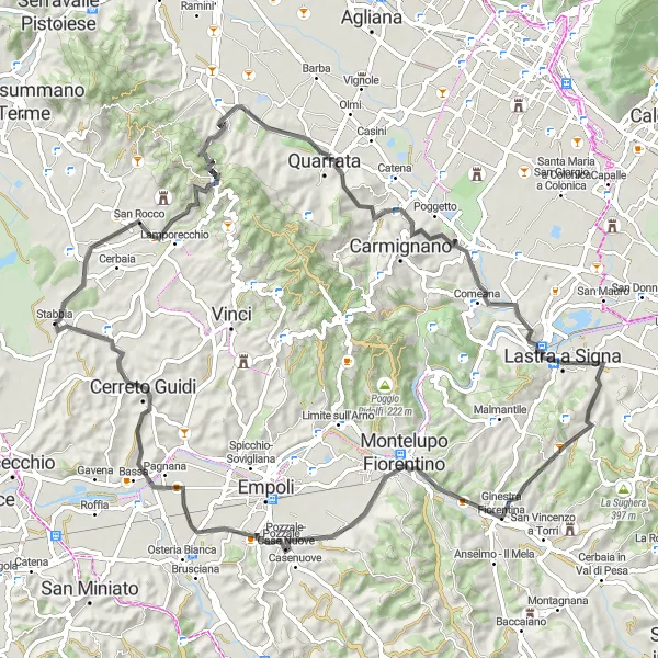 Mapa miniatúra "Cyklistická trasa San Baronto" cyklistická inšpirácia v Toscana, Italy. Vygenerované cyklistickým plánovačom trás Tarmacs.app