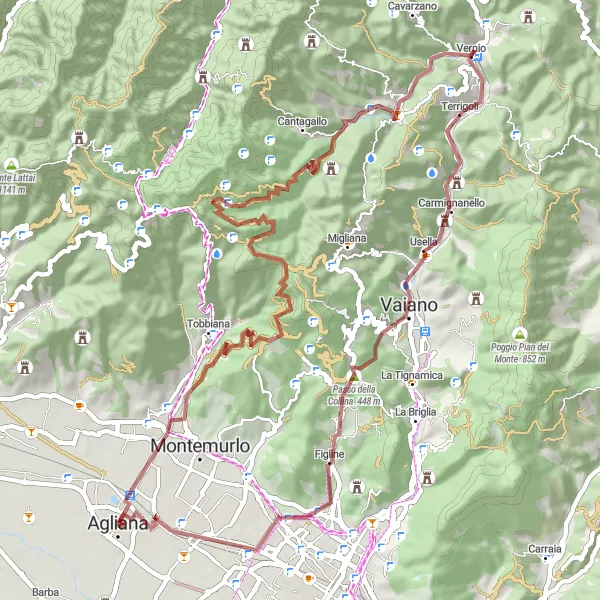 Karttaminiaatyyri "Toscanan Vuoristo Polku" pyöräilyinspiraatiosta alueella Toscana, Italy. Luotu Tarmacs.app pyöräilyreittisuunnittelijalla