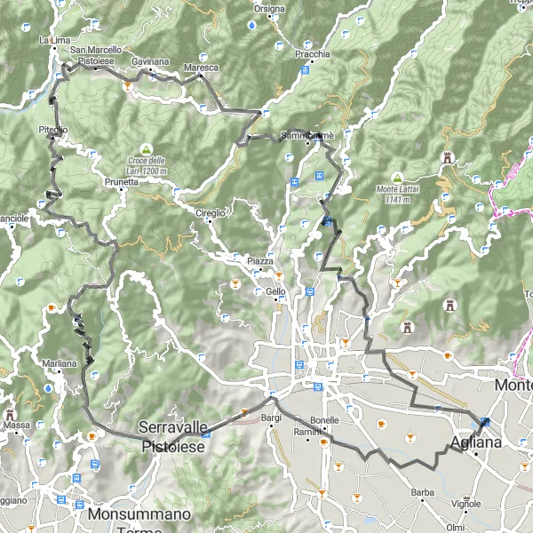 Miniaturní mapa "Cyklistická trasa kolem Monte Bersano" inspirace pro cyklisty v oblasti Toscana, Italy. Vytvořeno pomocí plánovače tras Tarmacs.app
