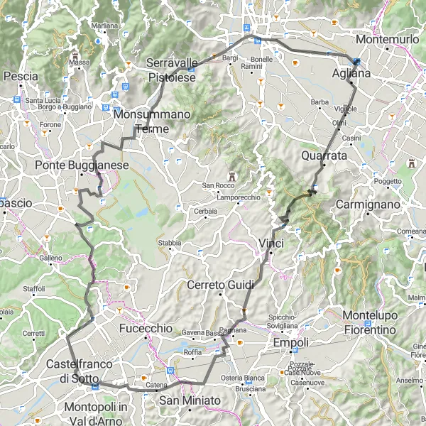 Mapa miniatúra "Trasa okolo Stazione a Castelfranco di Sotto" cyklistická inšpirácia v Toscana, Italy. Vygenerované cyklistickým plánovačom trás Tarmacs.app