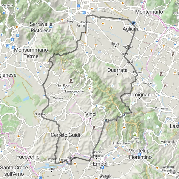 Miniatua del mapa de inspiración ciclista "Ruta de ciclismo de carretera de Bacchereto a Chiazzano" en Toscana, Italy. Generado por Tarmacs.app planificador de rutas ciclistas