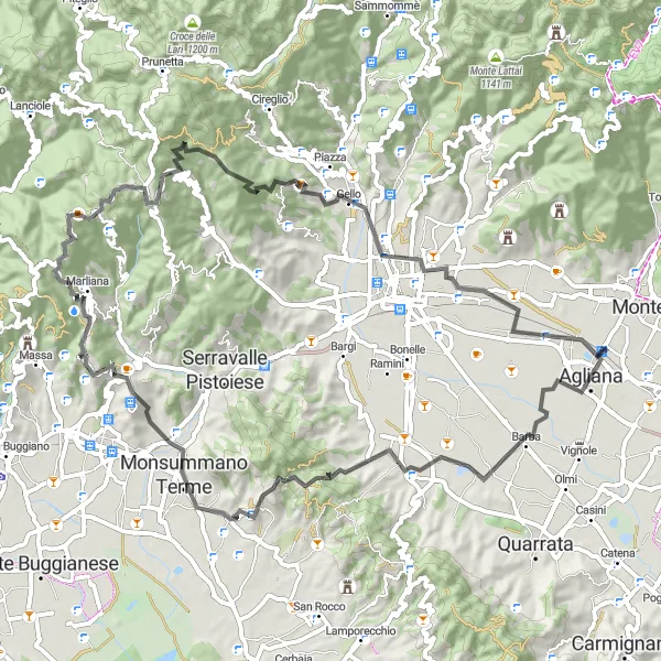 Mapa miniatúra "Cyklo okruh s prevýšením 1394 metrov a vzdialenosťou 75 km" cyklistická inšpirácia v Toscana, Italy. Vygenerované cyklistickým plánovačom trás Tarmacs.app