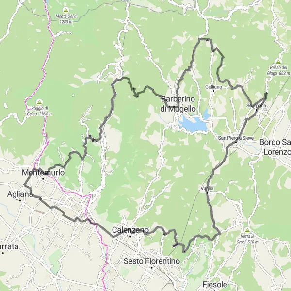 Miniatura mapy "Wyzwania na szosie przez Passo della Collina i Scarperia" - trasy rowerowej w Toscana, Italy. Wygenerowane przez planer tras rowerowych Tarmacs.app