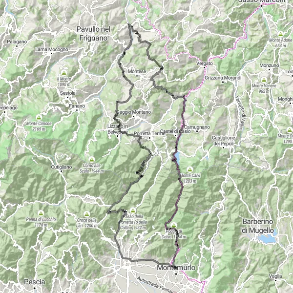 Miniaturní mapa "Kopcovitá cyklotrasa Montemurlo" inspirace pro cyklisty v oblasti Toscana, Italy. Vytvořeno pomocí plánovače tras Tarmacs.app