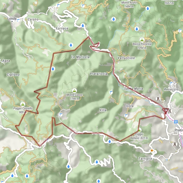 Miniature de la carte de l'inspiration cycliste "Montagnes et villages toscans en gravier" dans la Toscana, Italy. Générée par le planificateur d'itinéraire cycliste Tarmacs.app