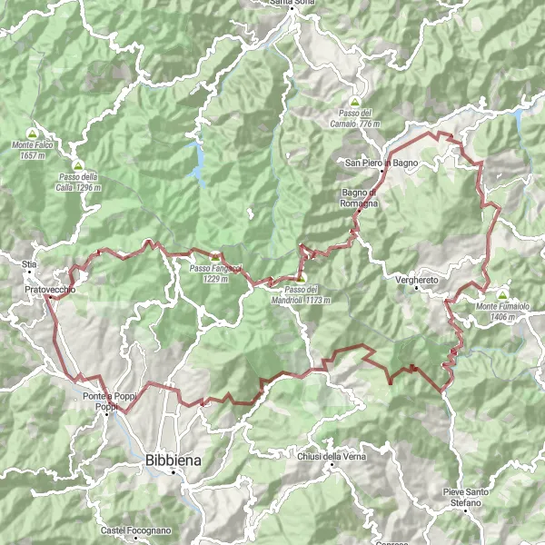 Kartminiatyr av "Stia - Lonnano - Passo Fangacci - Ponte Romano - Bulciano - Poppi - Castello di Romena" cykelinspiration i Toscana, Italy. Genererad av Tarmacs.app cykelruttplanerare