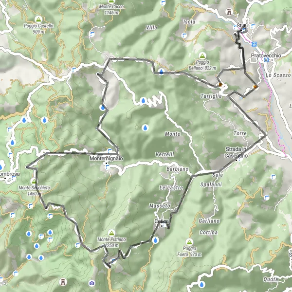 Kartminiatyr av "Vägcykling till Rifiglio och Monte Pomponi" cykelinspiration i Toscana, Italy. Genererad av Tarmacs.app cykelruttplanerare