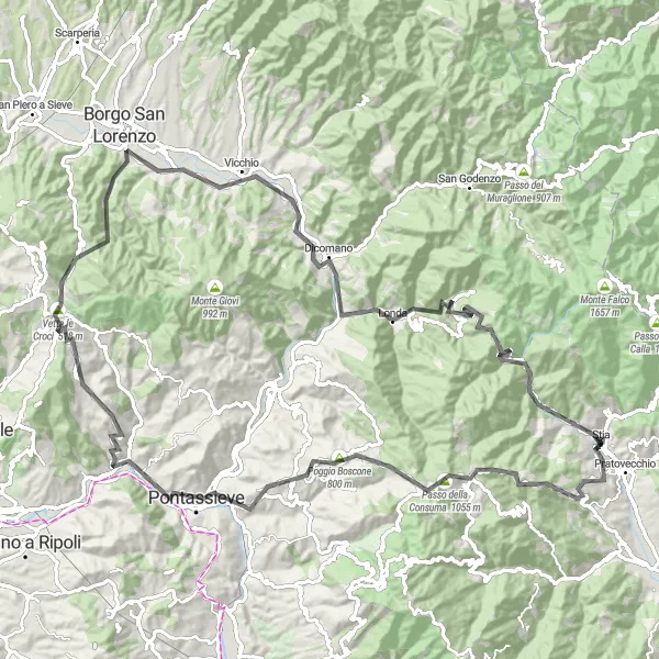Mapa miniatúra "Okolo Stia cez Passo della Consuma" cyklistická inšpirácia v Toscana, Italy. Vygenerované cyklistickým plánovačom trás Tarmacs.app