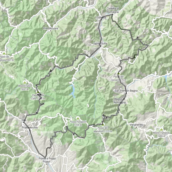 Miniatura della mappa di ispirazione al ciclismo "Cicloturismo su Strada da Stia" nella regione di Toscana, Italy. Generata da Tarmacs.app, pianificatore di rotte ciclistiche