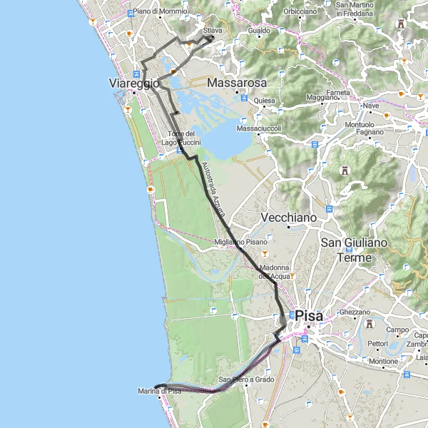 Map miniature of "Torre del Lago Ride" cycling inspiration in Toscana, Italy. Generated by Tarmacs.app cycling route planner