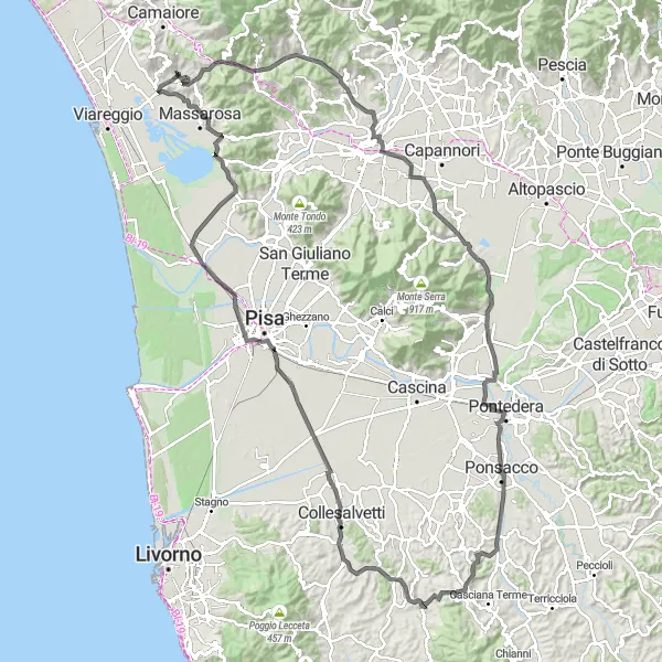Kartminiatyr av "Kulturell cykelutflykt till Monte San Quirico och Cascine di Buti" cykelinspiration i Toscana, Italy. Genererad av Tarmacs.app cykelruttplanerare