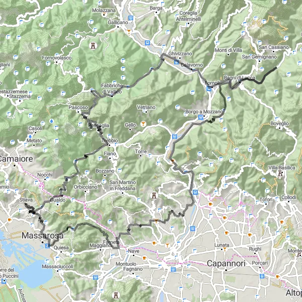 Zemljevid v pomanjšavi "Mountain Passes and Historic Towns" kolesarske inspiracije v Toscana, Italy. Generirano z načrtovalcem kolesarskih poti Tarmacs.app
