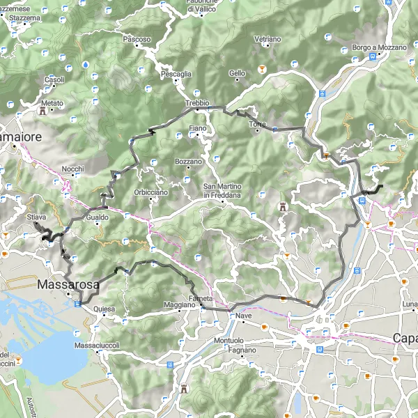 Miniaturní mapa "Náročná cyklotrasa kolem Stiavy" inspirace pro cyklisty v oblasti Toscana, Italy. Vytvořeno pomocí plánovače tras Tarmacs.app