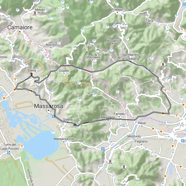 Miniatua del mapa de inspiración ciclista "Ruta de los Valles y Montes" en Toscana, Italy. Generado por Tarmacs.app planificador de rutas ciclistas