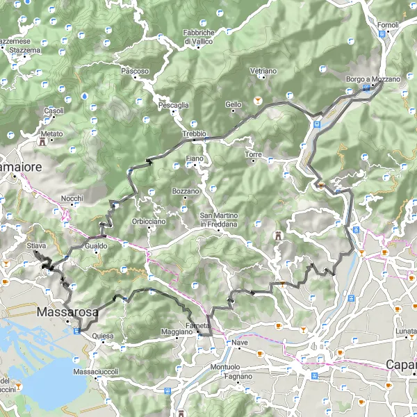 Mapa miniatúra "Významný okruh cez Monte Moraglio a San Macario in Piano" cyklistická inšpirácia v Toscana, Italy. Vygenerované cyklistickým plánovačom trás Tarmacs.app