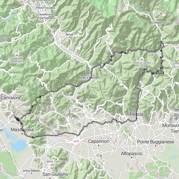 Map miniature of "The Lucca Grand Loop" cycling inspiration in Toscana, Italy. Generated by Tarmacs.app cycling route planner