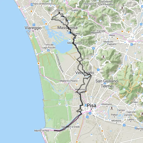 Mapa miniatúra "Okruh cez Massaciuccoli a Monte del Legnaio" cyklistická inšpirácia v Toscana, Italy. Vygenerované cyklistickým plánovačom trás Tarmacs.app