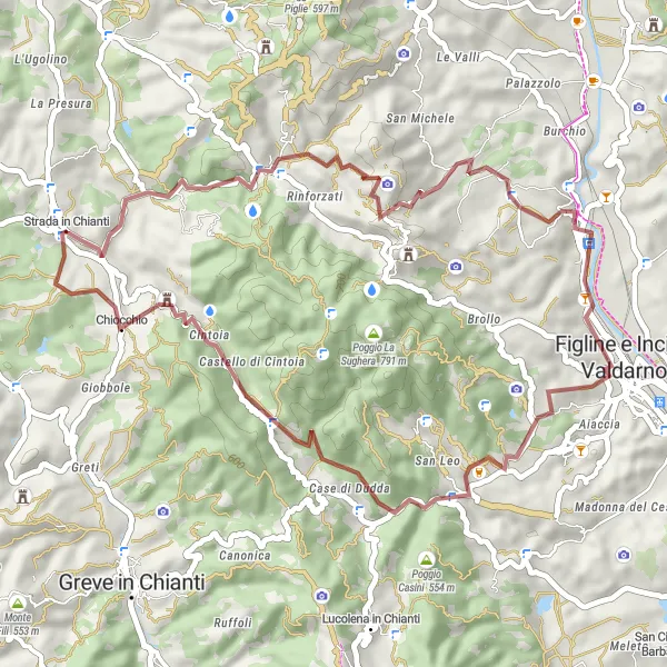 Miniatua del mapa de inspiración ciclista "Aventura en caminos de grava por Monte Lepri" en Toscana, Italy. Generado por Tarmacs.app planificador de rutas ciclistas