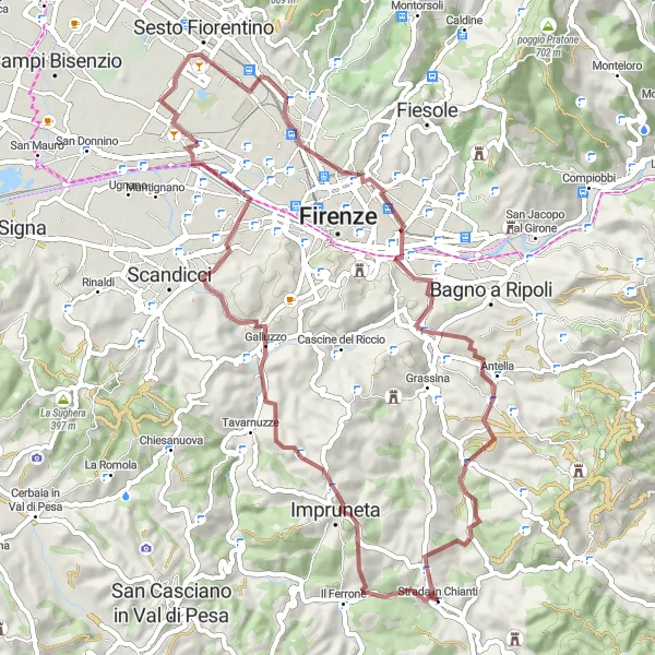 Zemljevid v pomanjšavi "Gorska kolesarska pot iz Strade v Chianti" kolesarske inspiracije v Toscana, Italy. Generirano z načrtovalcem kolesarskih poti Tarmacs.app