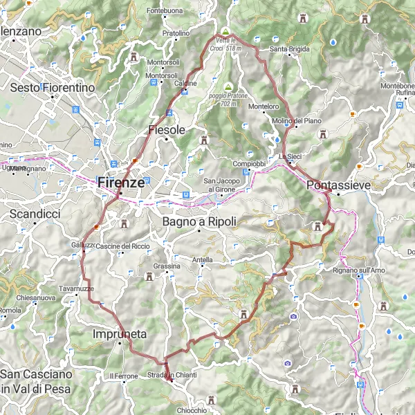 Karttaminiaatyyri "Haastava reitti Chiantiin" pyöräilyinspiraatiosta alueella Toscana, Italy. Luotu Tarmacs.app pyöräilyreittisuunnittelijalla
